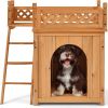 New Style Wood Pet Dog House With Roof Balcony And Bed Shelter - brown - Pets